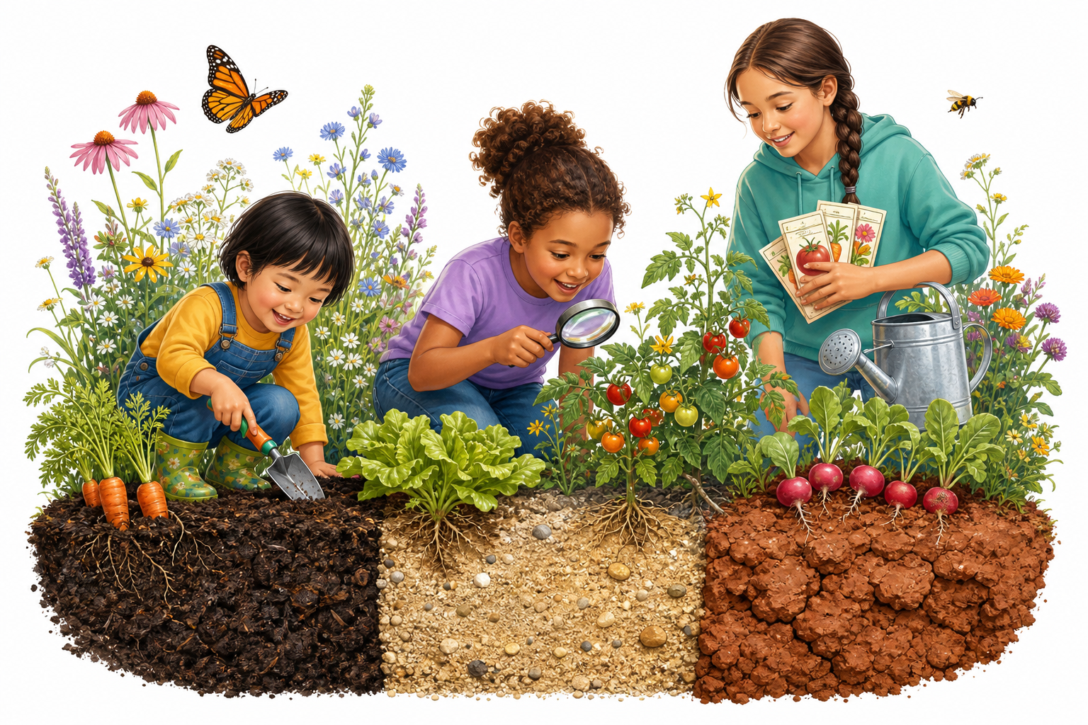 Children exploring a garden with wildflowers, vegetables, soil, and pollinators.