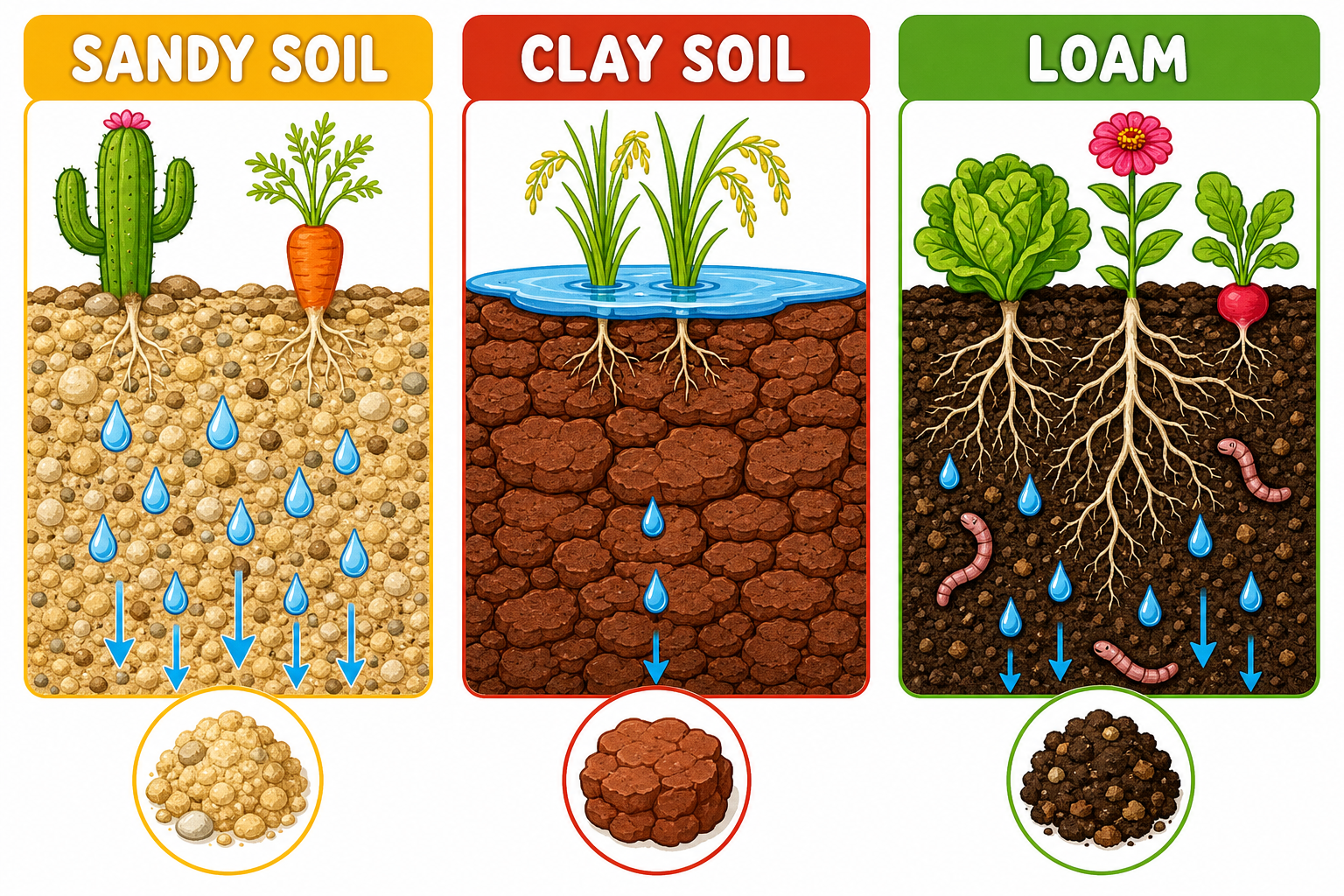 Kid-friendly soil types diagram comparing sandy soil, clay, and loam.