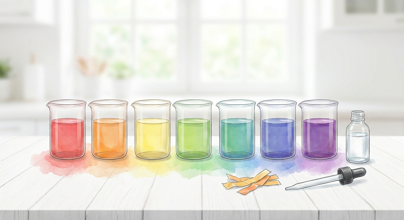 Colorful family science table with pH strips, beakers, and printed Little Lab Coats resources