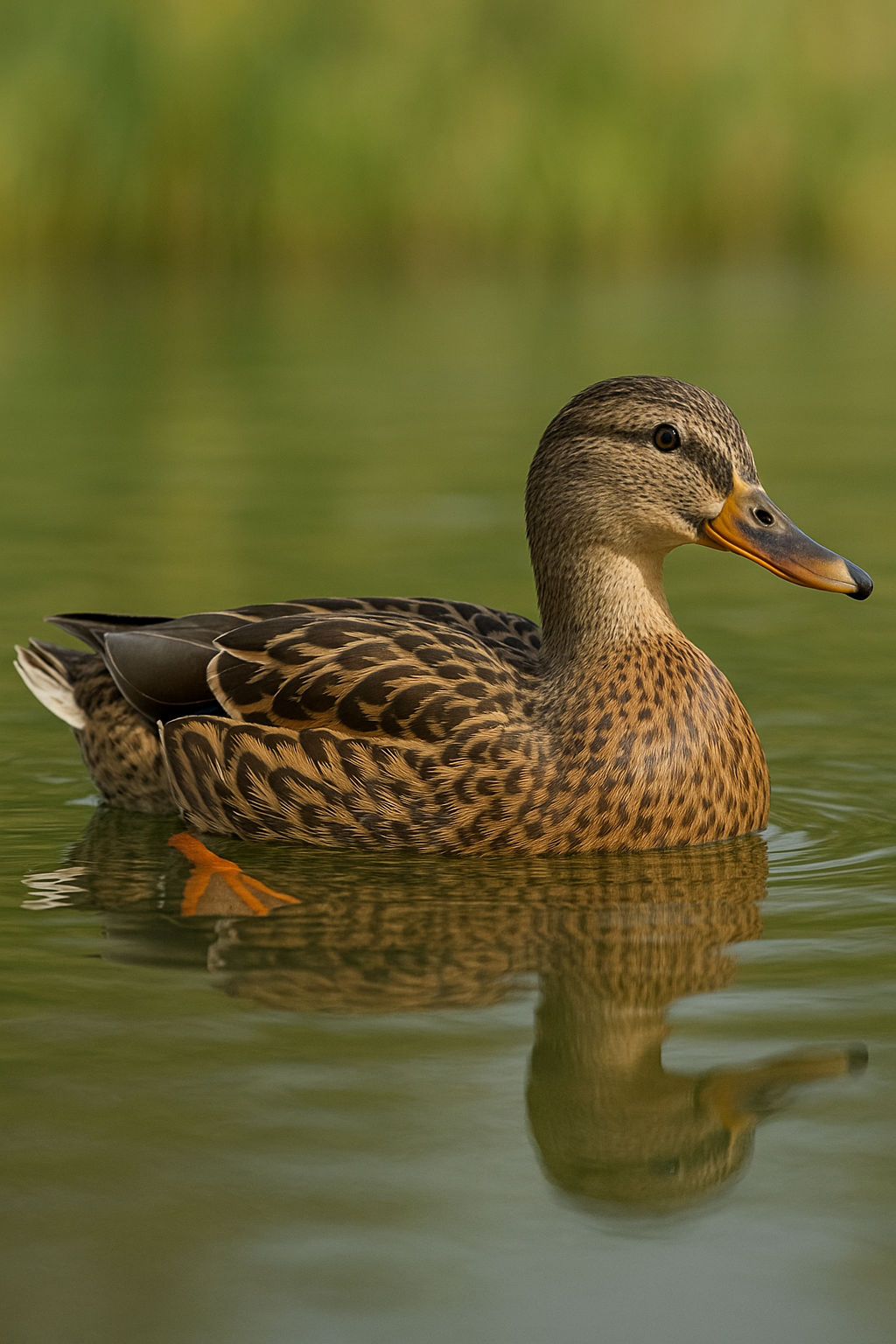 Duck showing waterproof feathers and webbed feet
