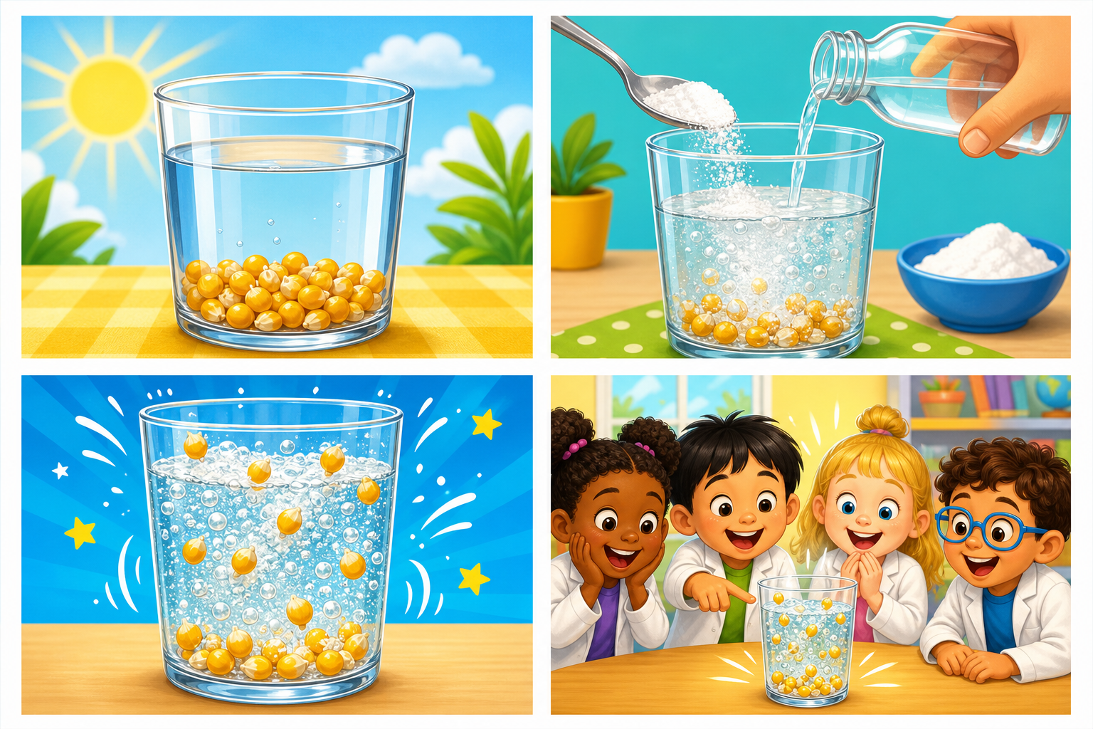 Printable card sheet showing popcorn kernels, ingredients being added, bubbling motion, and children watching dancing kernels.