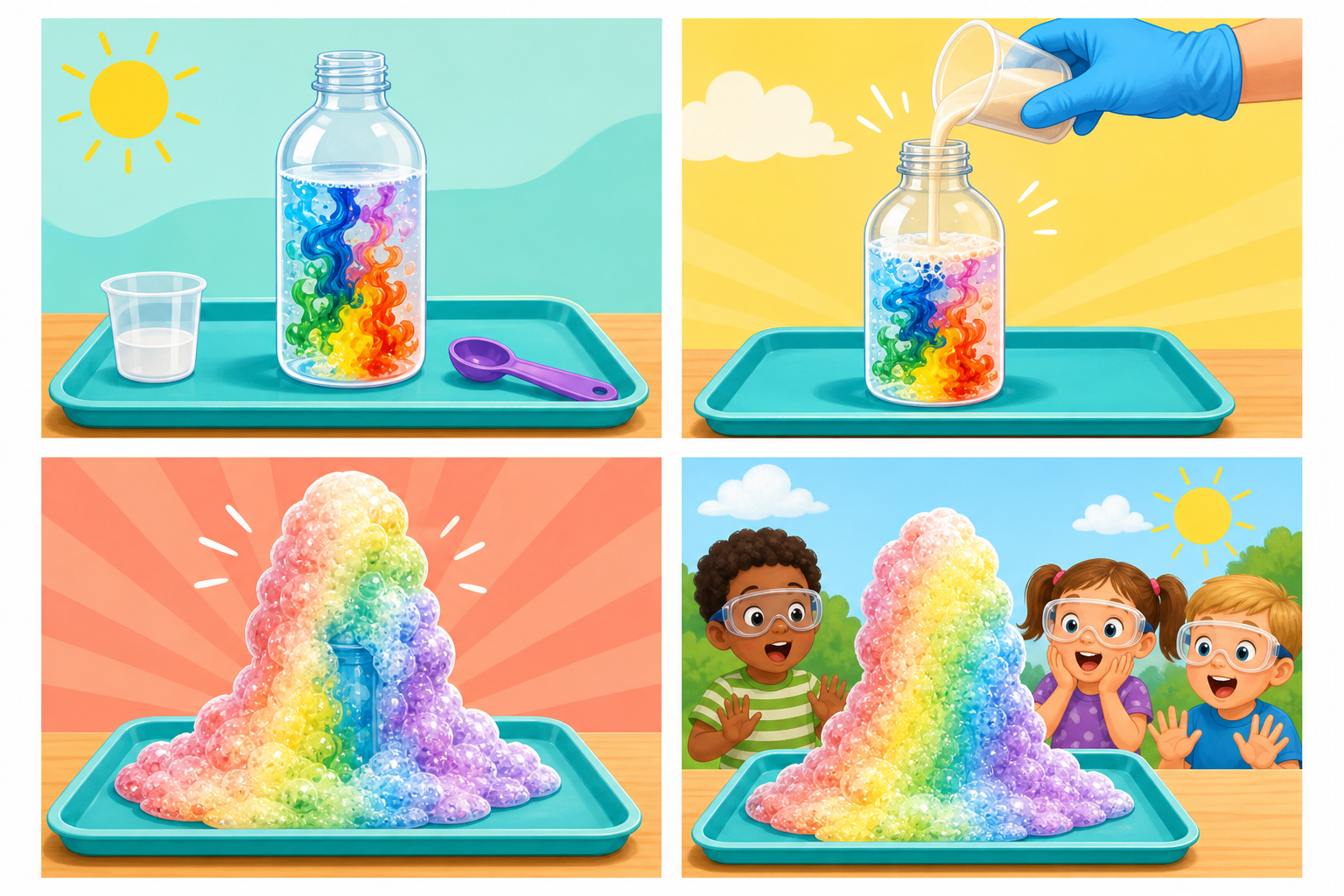 Printable card sheet showing setup bottle, pouring ingredient, colorful foam eruption, and children observing from a safe distance.