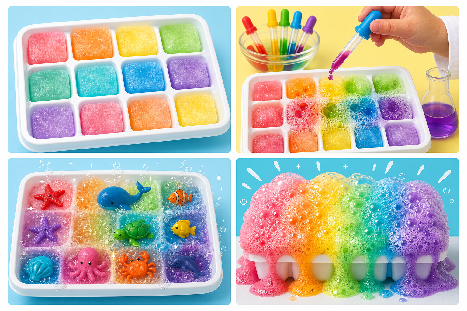 Printable card sheet showing colorful baking soda ice, pipette drops, fizzing treasure rescue, and bubbly rainbow foam.