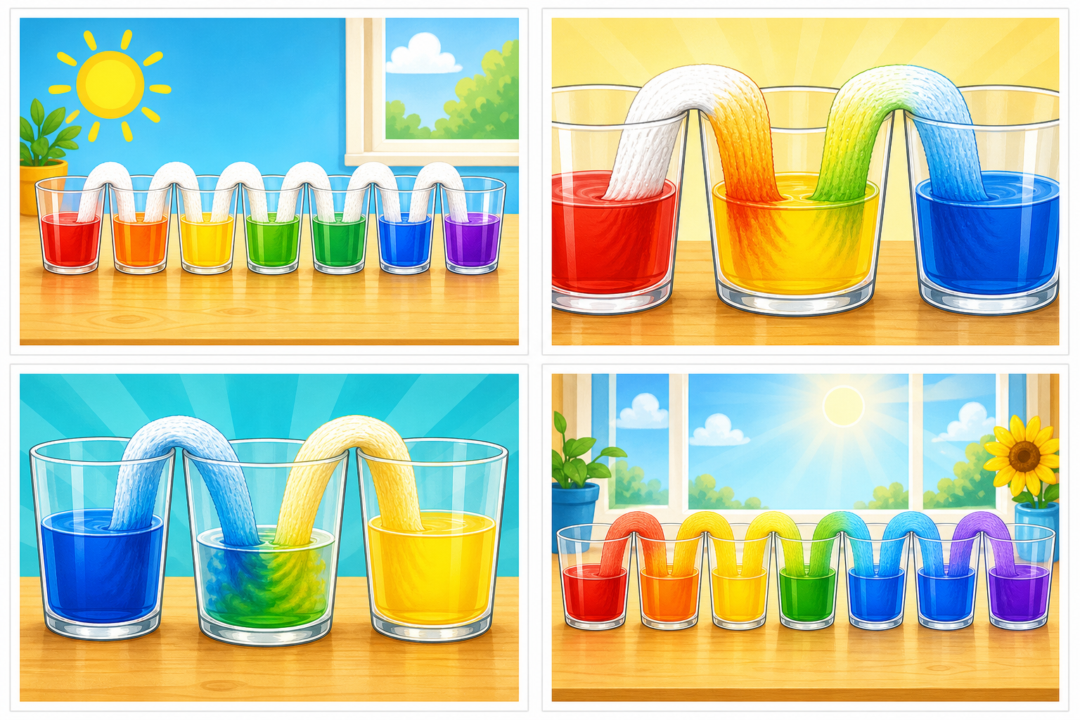 Printable card sheet showing rainbow cups connected by paper towels and colors moving between them.