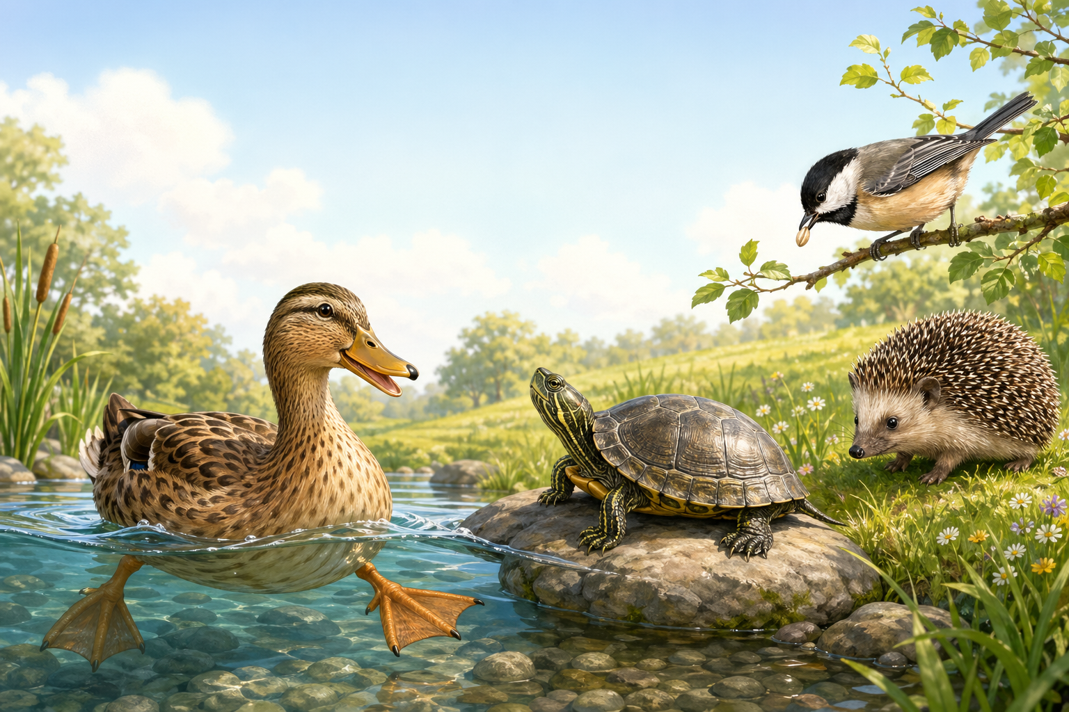 Kid-friendly illustration of a duck paddling with webbed feet, a turtle with a strong shell, a bird using its beak, and a hedgehog showing protective spines.