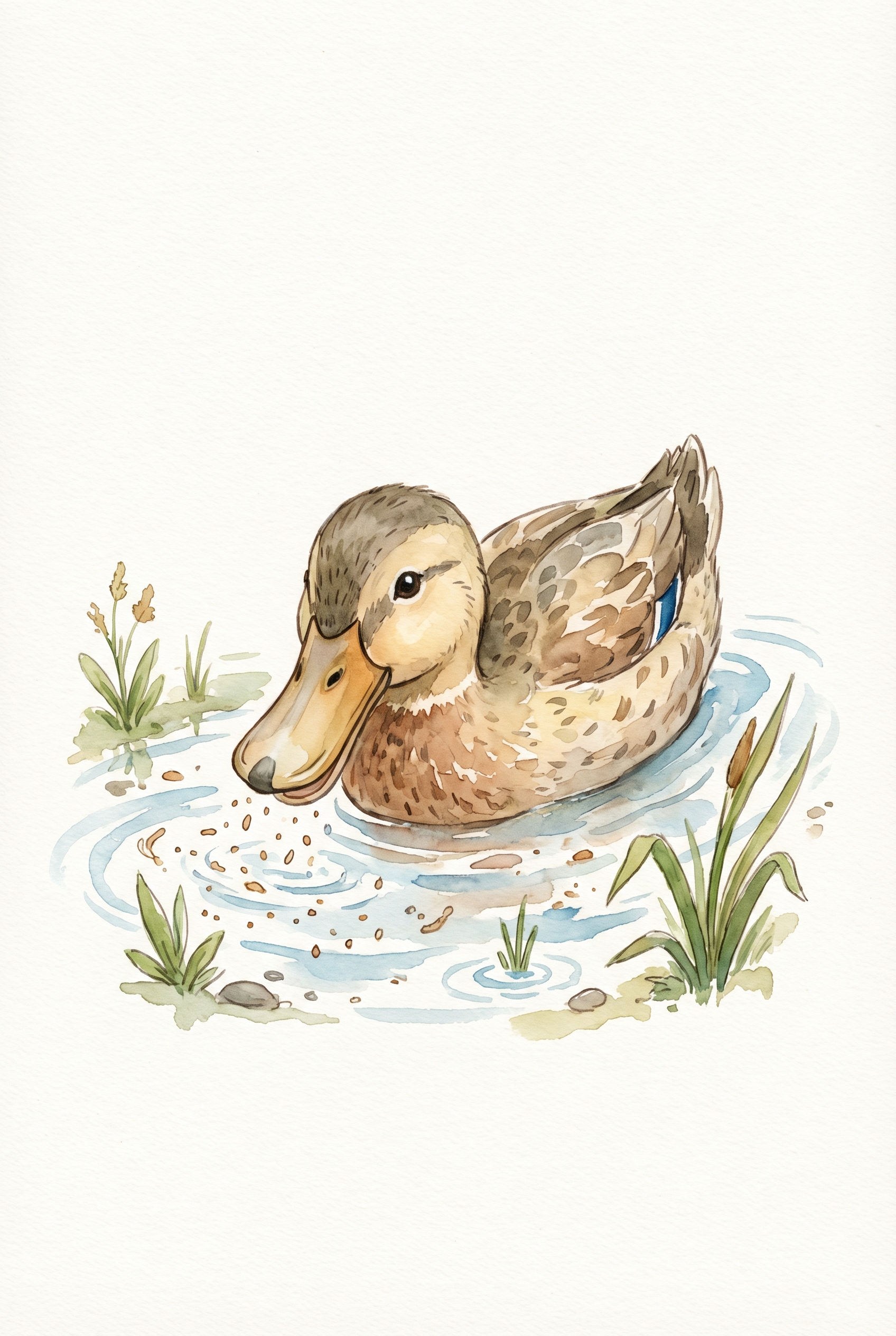 Duck using its flat bill to strain food from shallow water.