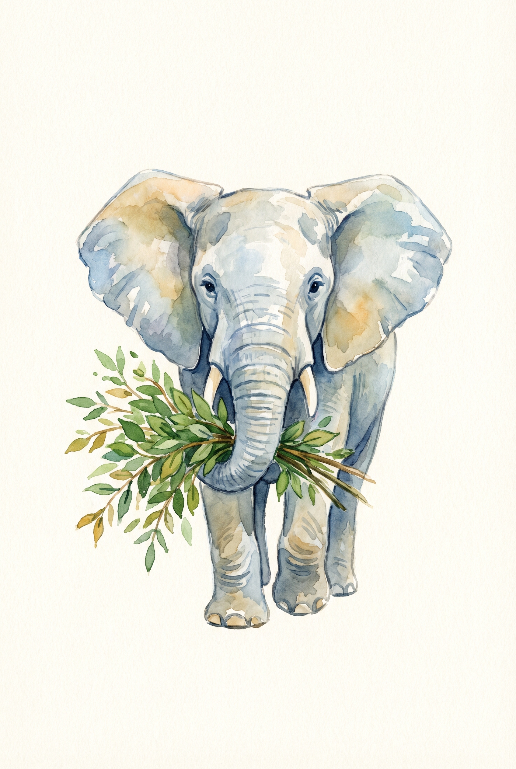 Elephant using its trunk to gather leaves for food.