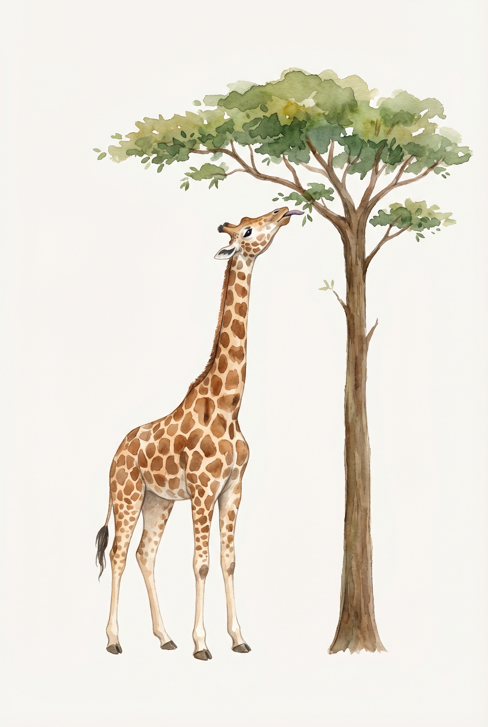 Giraffe using its long neck and tongue to reach leaves high in a tree.