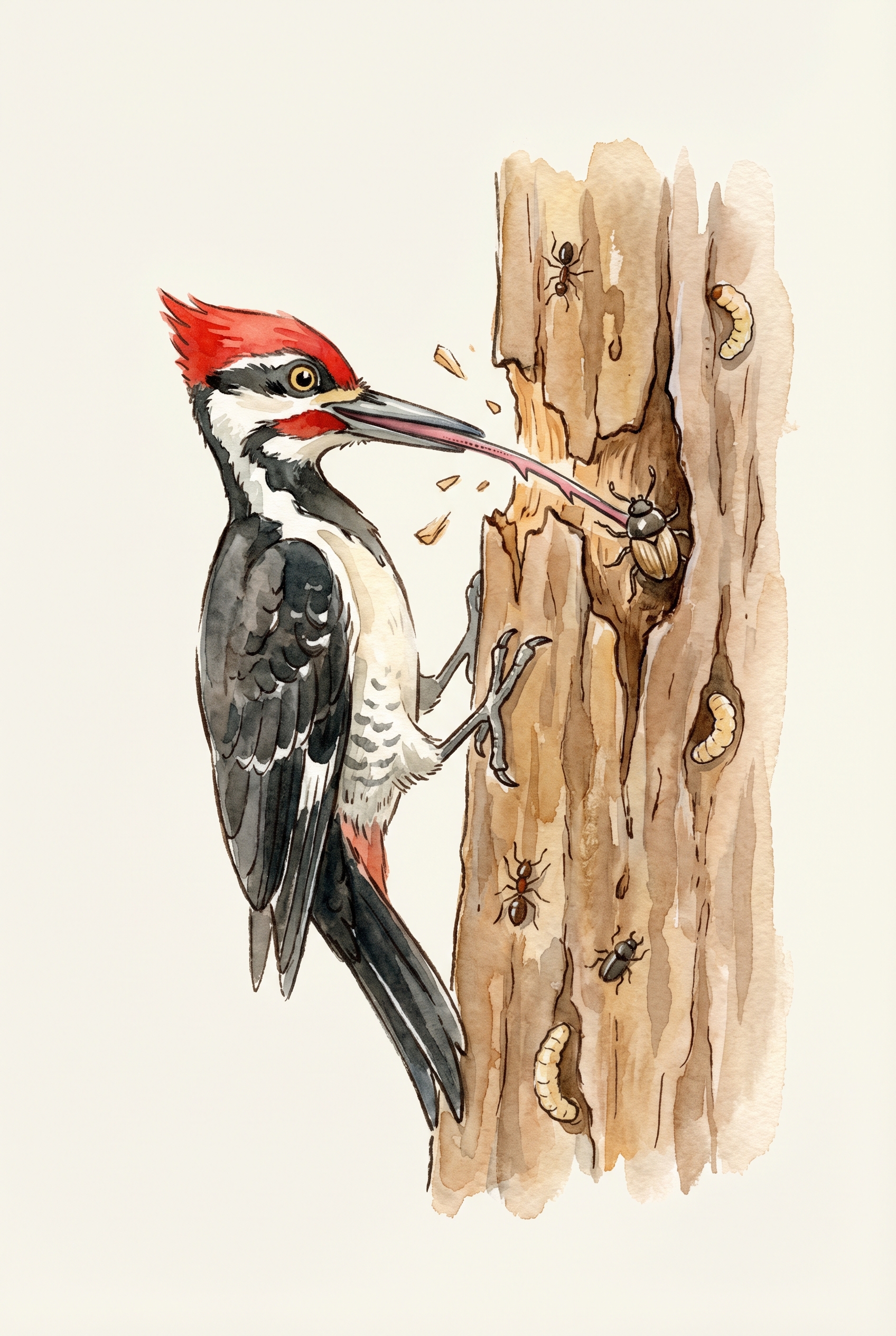Woodpecker pecking bark and reaching for insects with its tongue.