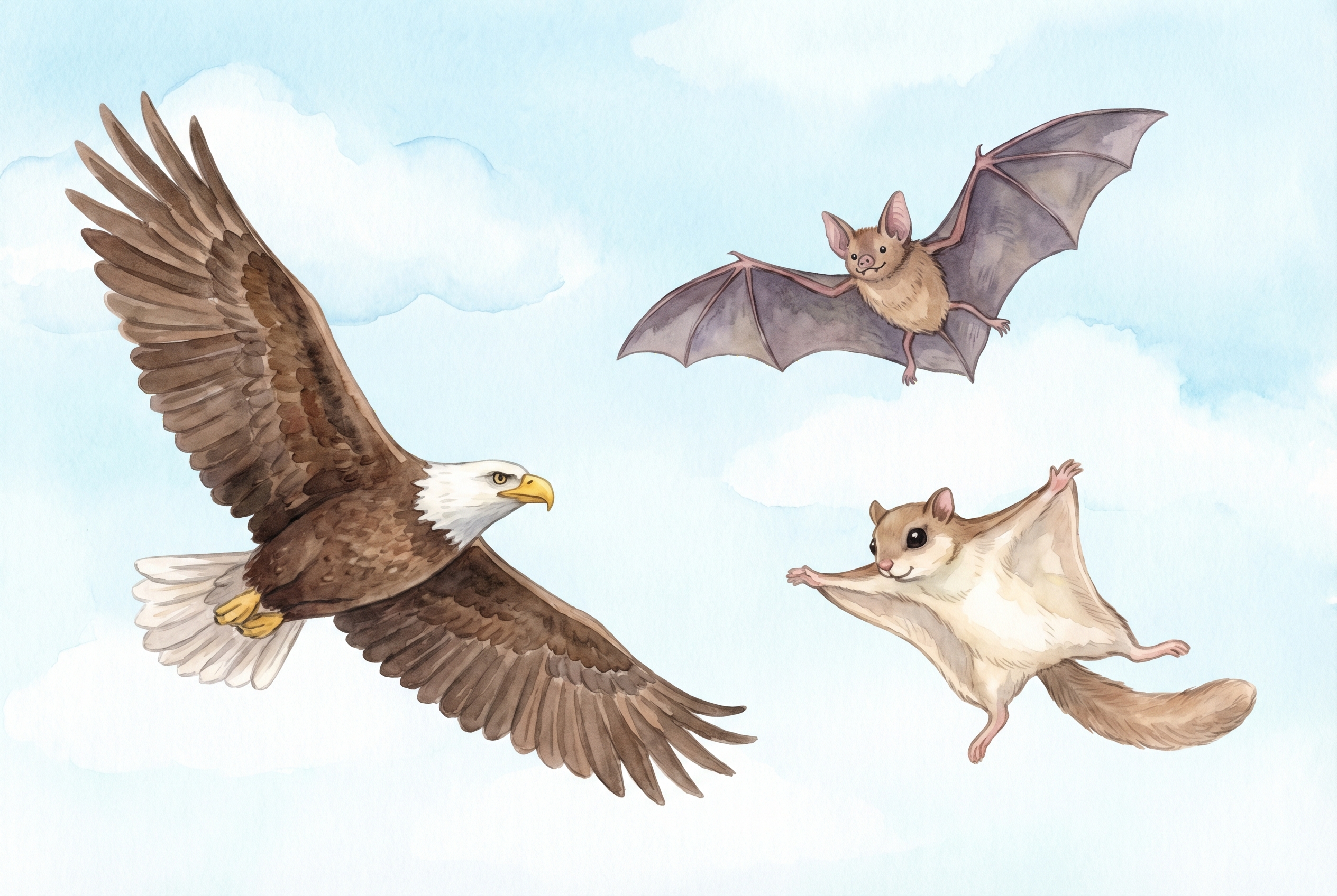 Animals moving through air, including an eagle, bat, and flying squirrel.