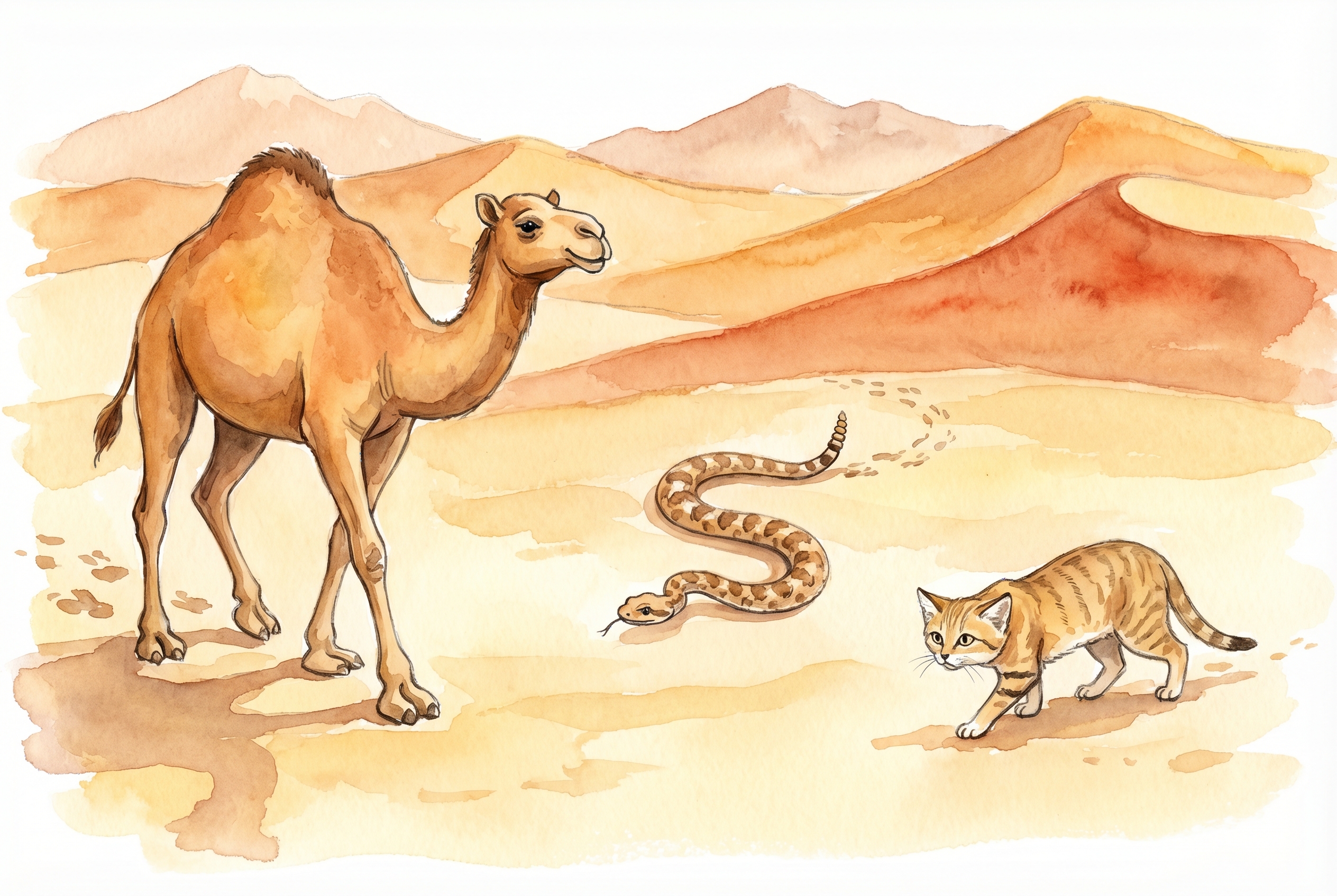 Animals moving on desert sand, including a camel, sidewinder snake, and sand cat.