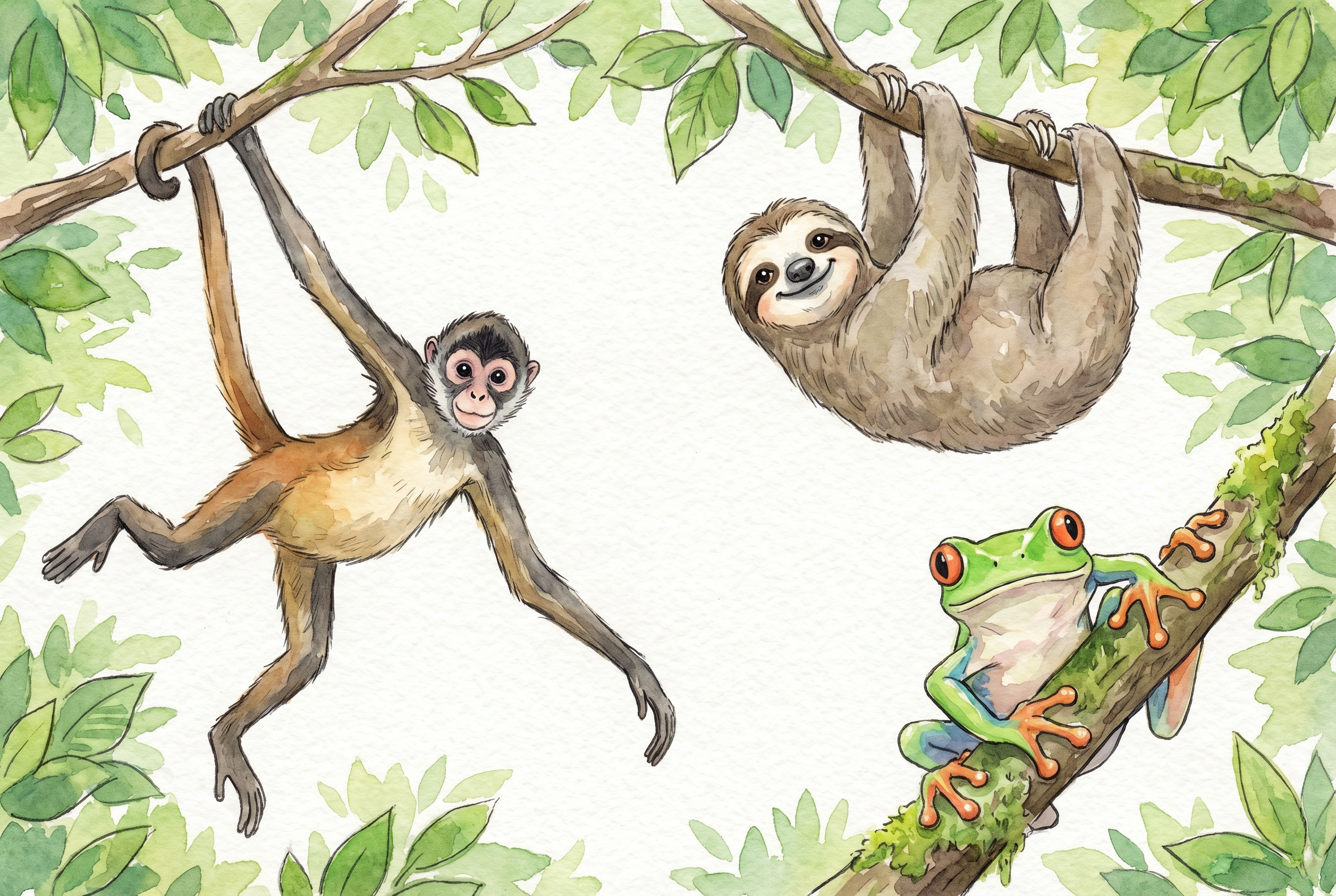 Animals moving through treetops, including a spider monkey, sloth, and tree frog.