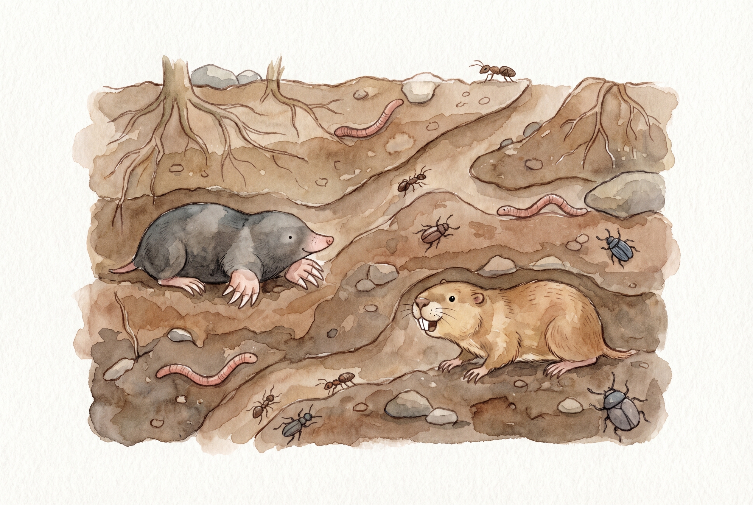 Animals moving underground, including a mole and gopher in tunnels.