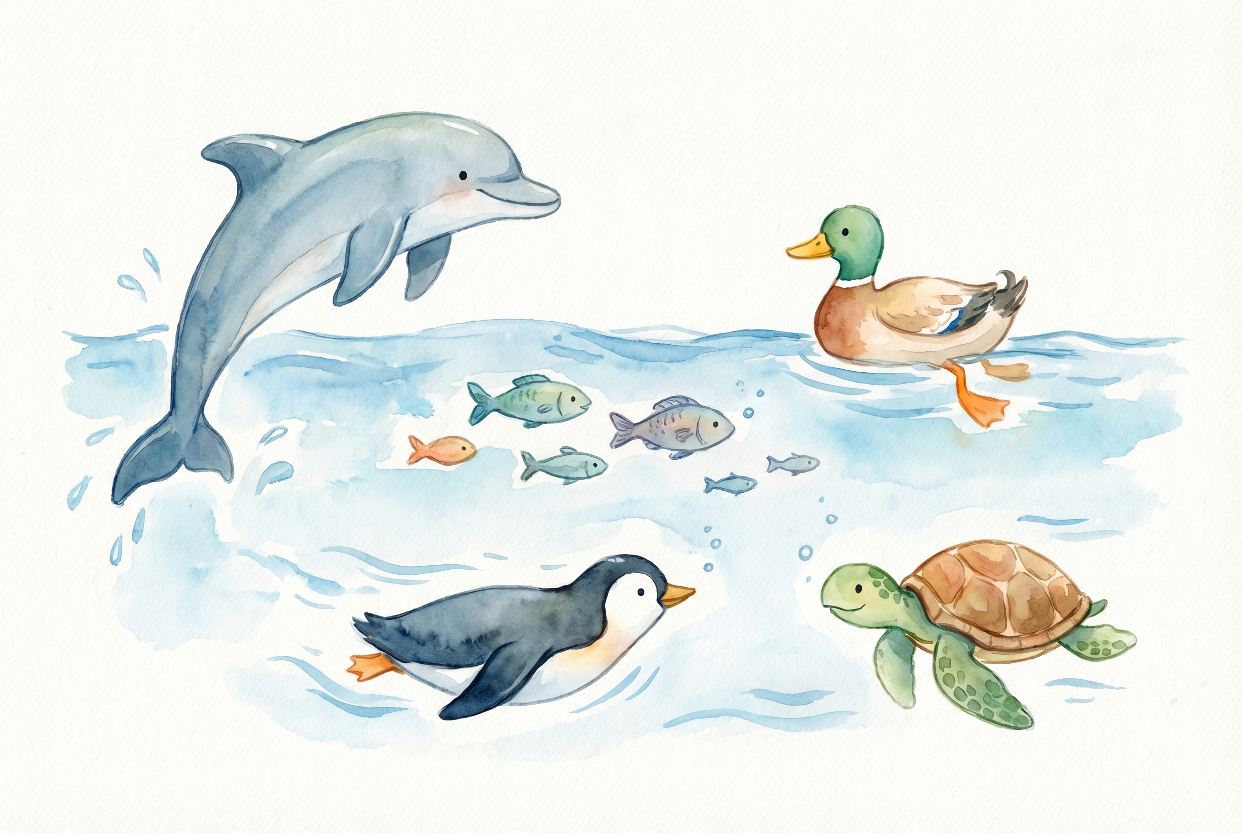 Animals moving through water, including a dolphin, fish, duck, penguin, and sea turtle.