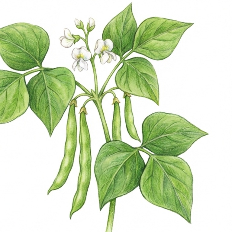 A mature bean plant with flowers and pods