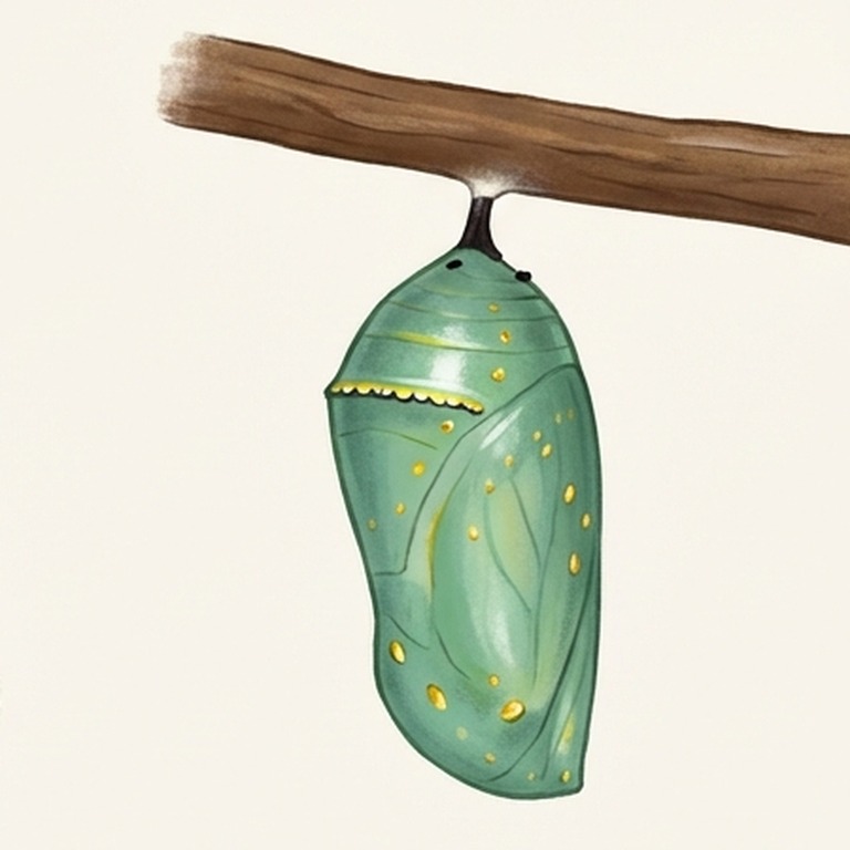 Butterfly chrysalis hanging from a twig.