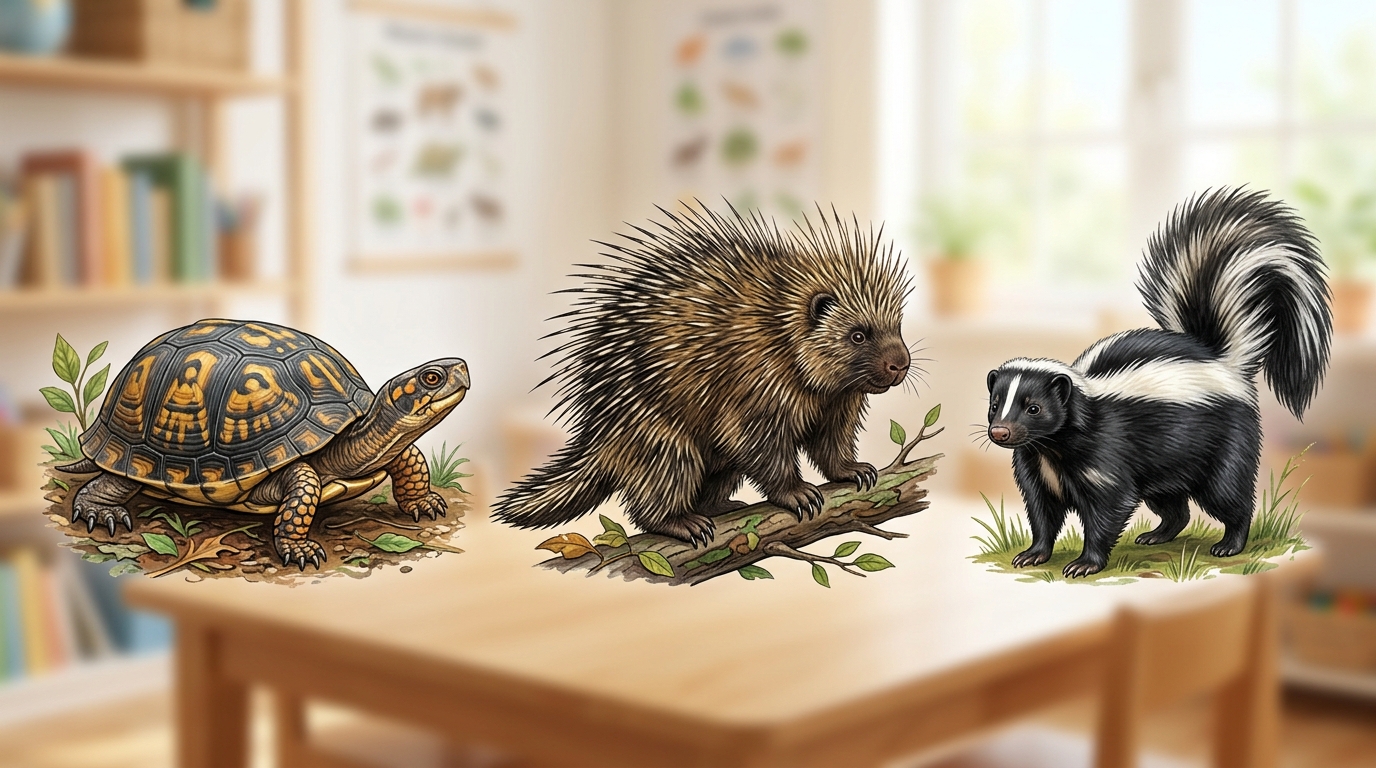 Educational illustration showing a turtle shell, porcupine quills, and skunk warning coloration as animal protection structures.