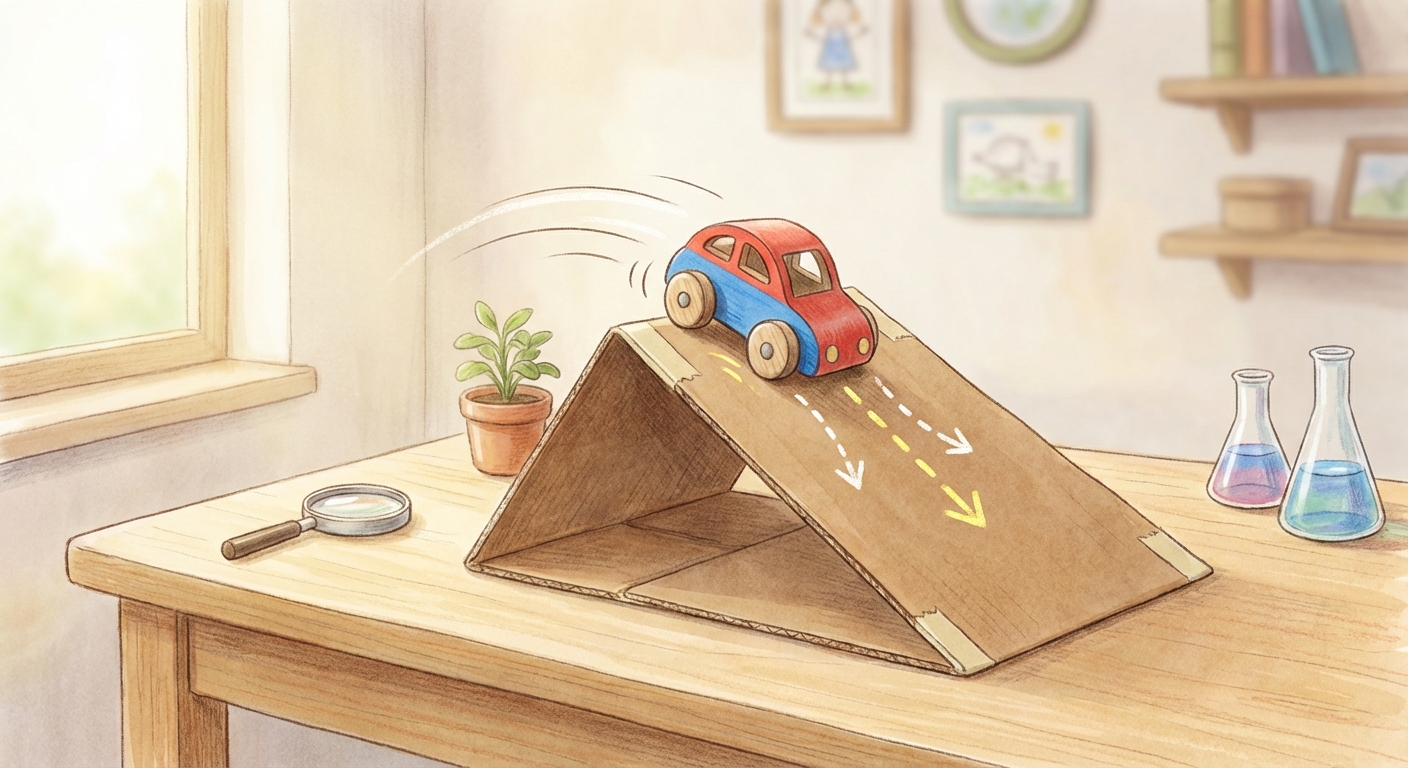 Gemini-generated educational illustration of a toy car starting to roll down a cardboard ramp on a homeschool science table.