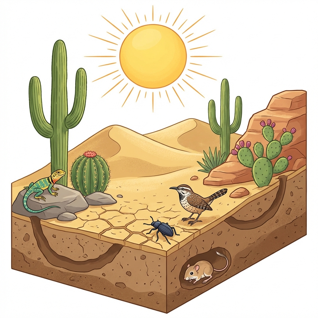 Gemini-generated desert ecosystem scene showing cacti, desert plants, a lizard, bird, insect, sand, rocks, bright sun, and dry soil.