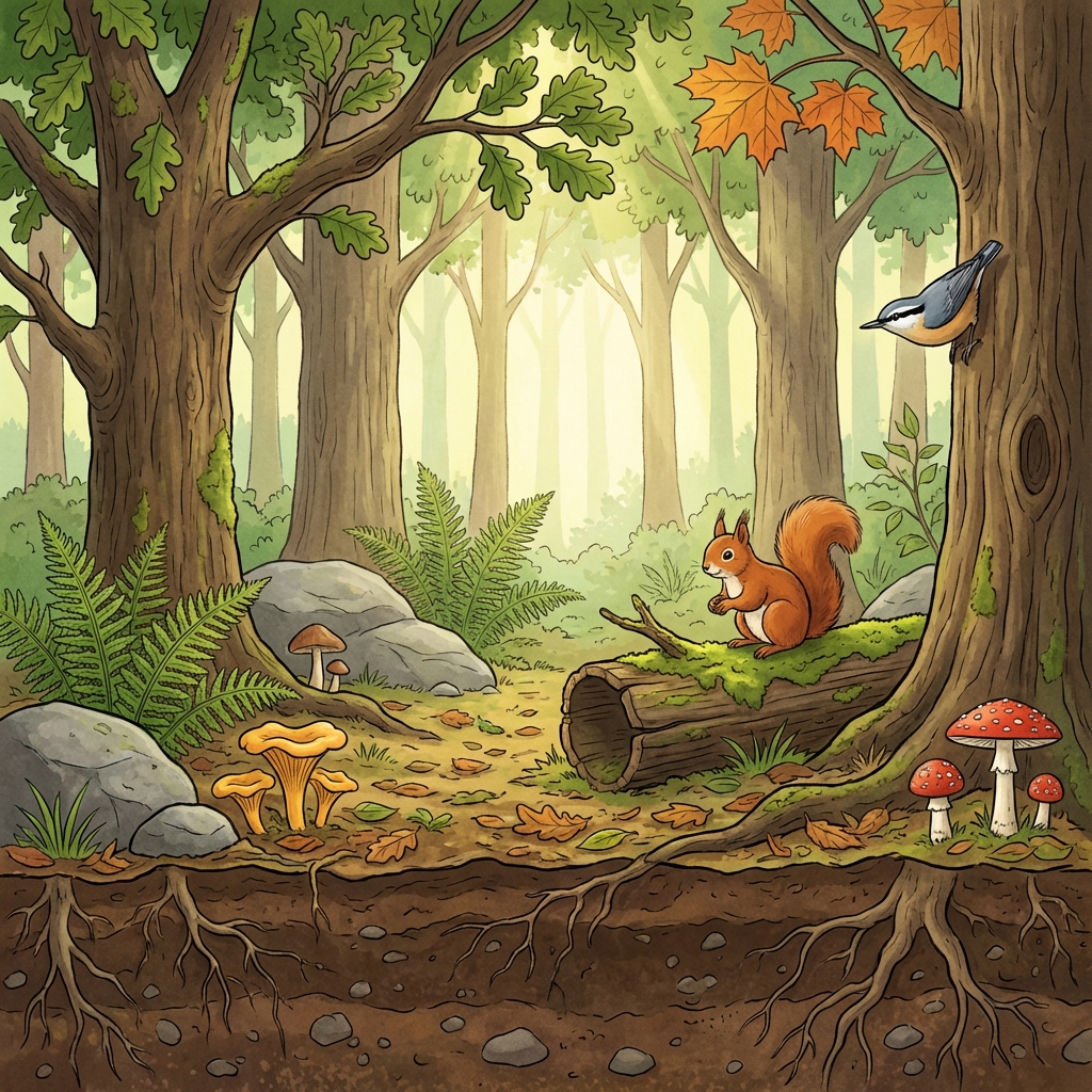 Gemini-generated forest ecosystem scene showing trees, ferns, mushrooms, a squirrel, bird, rocks, sunlight, and soil.