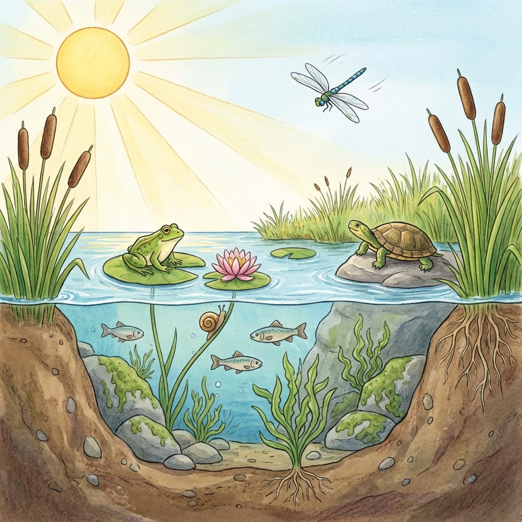 Gemini-generated pond ecosystem scene showing cattails, lily pads, fish, frog, dragonfly, mud, rocks, and water.