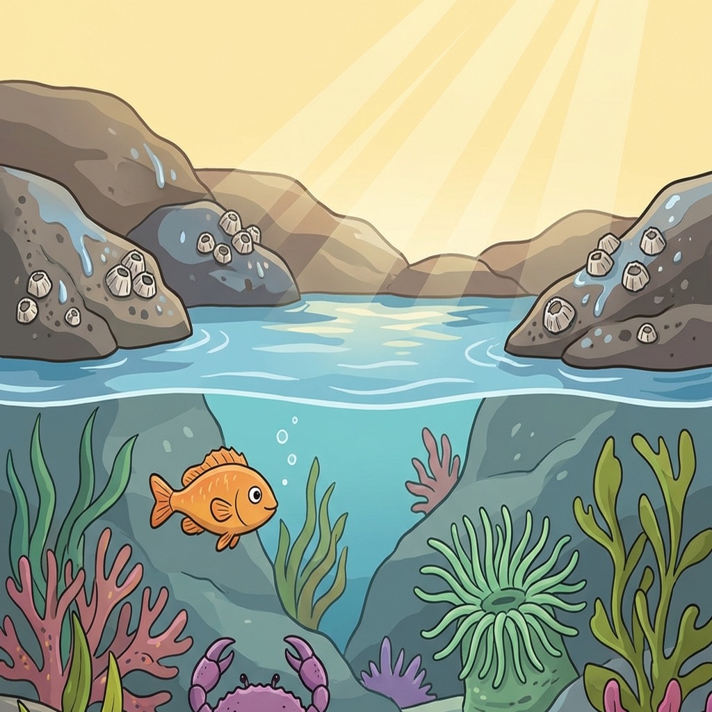 Gemini-generated tide pool ecosystem scene showing seaweed, a fish, crab, anemone, wet rocks, seawater, and sunlight.