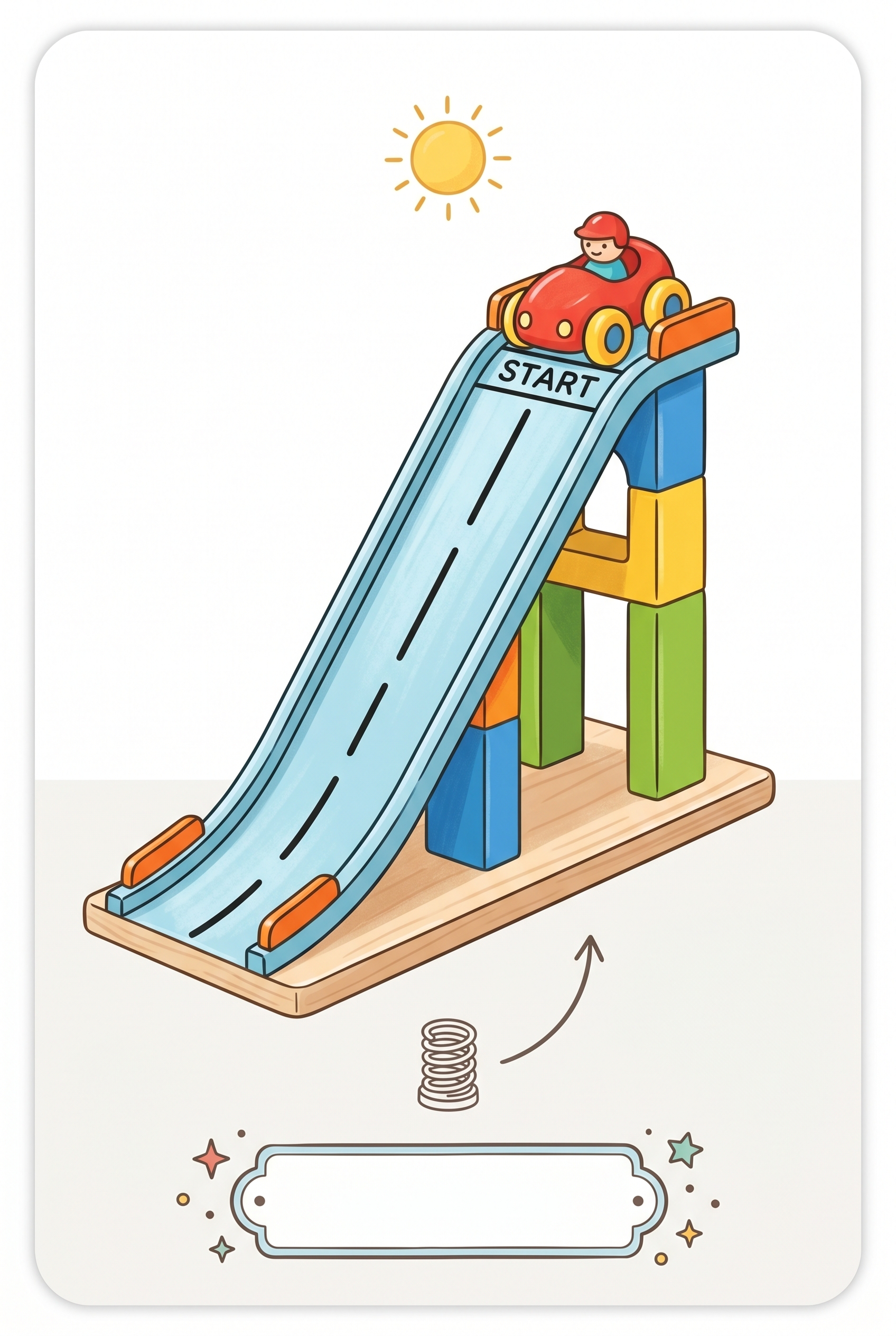Card showing a toy car at a high point on a ramp