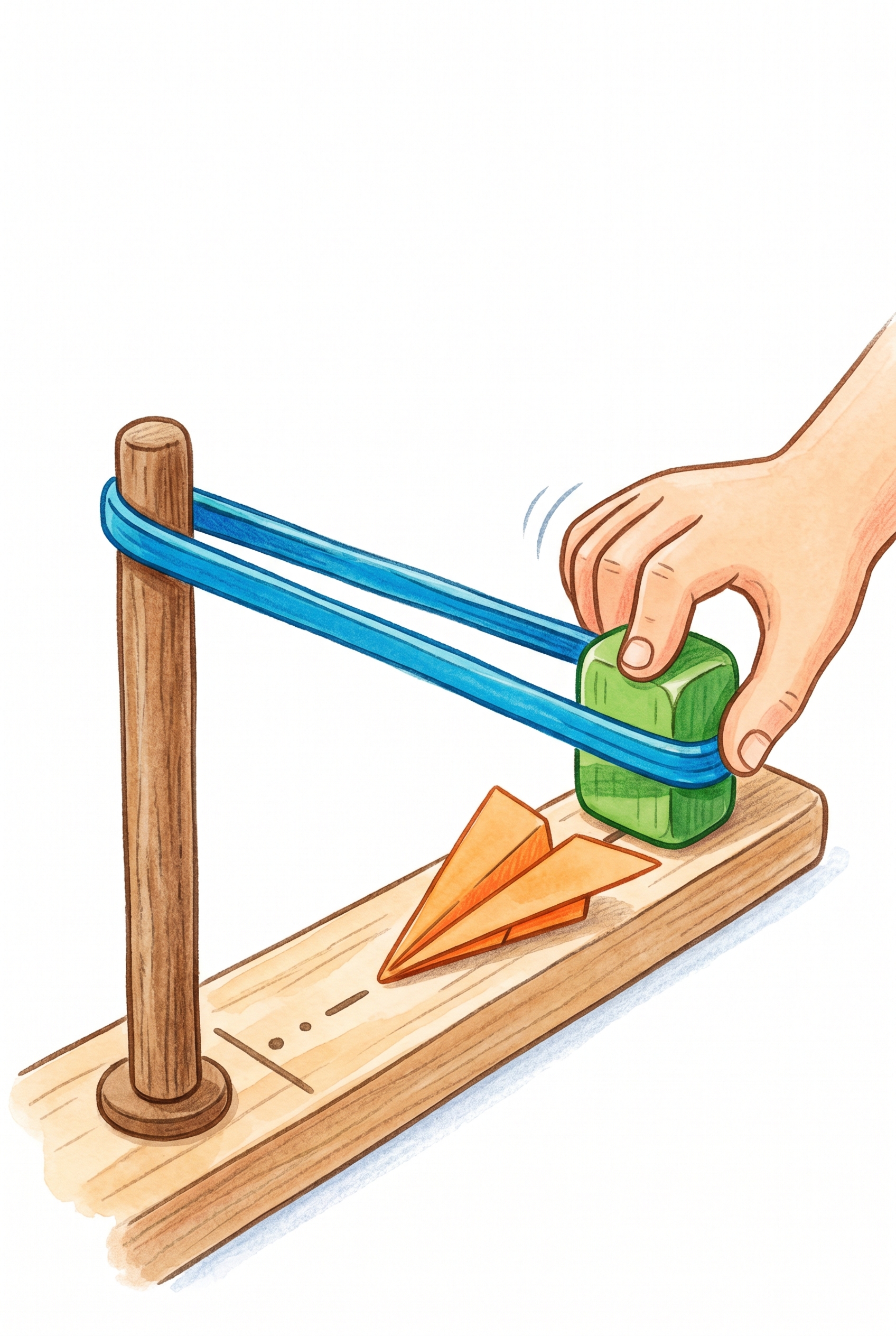 Card showing a stretched rubber band launcher
