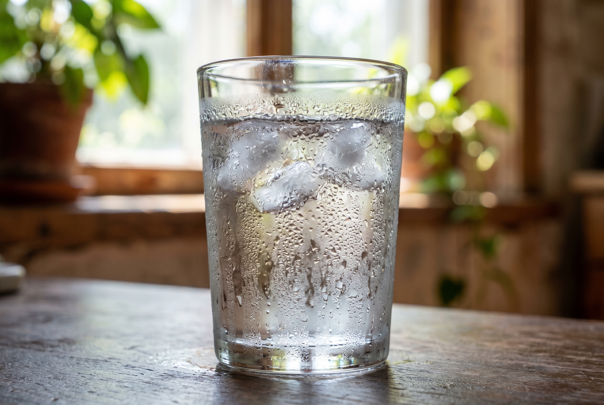 Photo of water droplets condensed on the outside of a cold glass