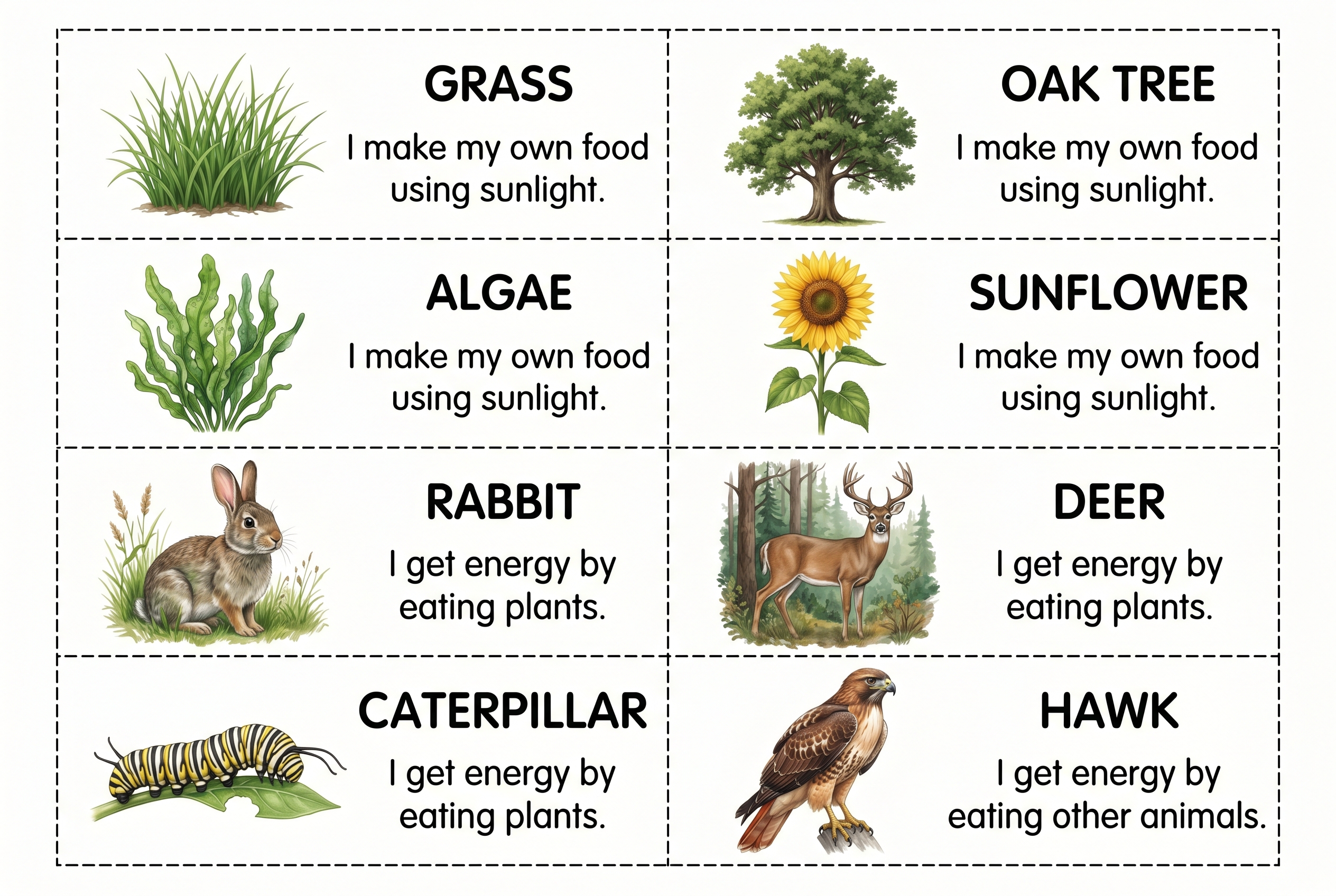 Printable producer and consumer cards showing grass, oak tree, algae, sunflower, rabbit, deer, caterpillar, and hawk.