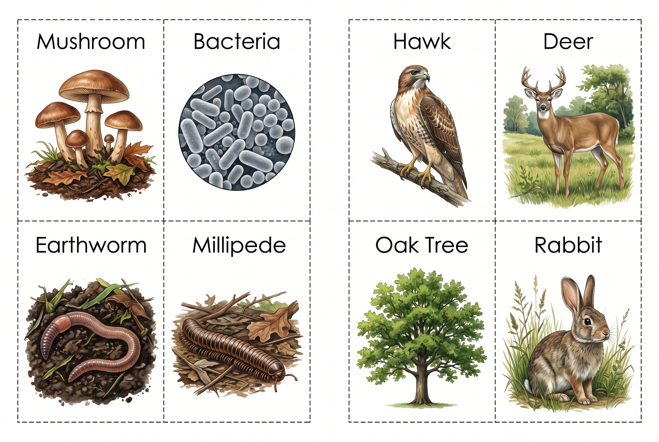 Printable decomposer sort cards showing mushroom, bacteria, earthworm, millipede, hawk, deer, oak tree, and rabbit.