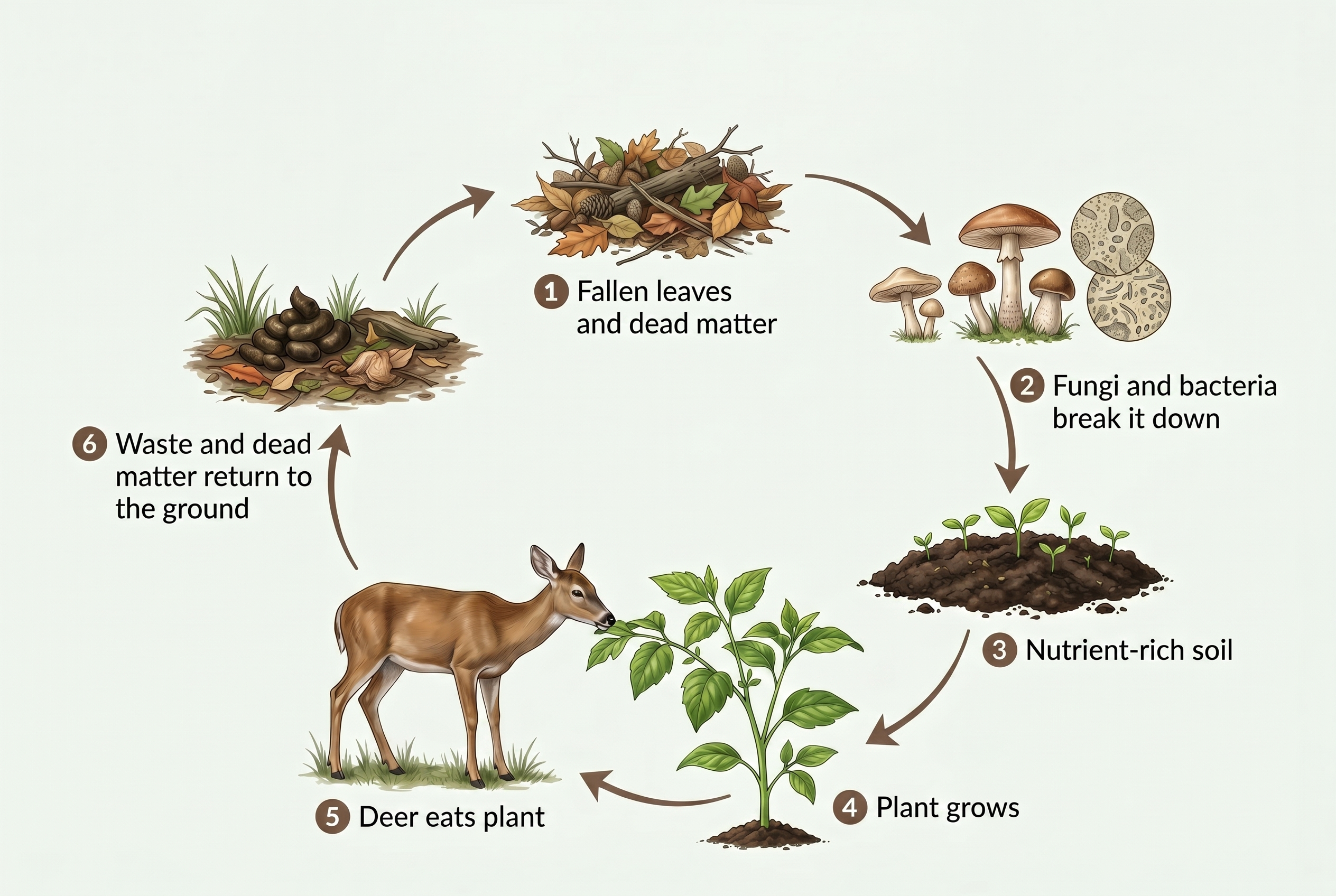 Illustrated decomposition cycle showing dead matter, decomposers, nutrient-rich soil, plant growth, an animal eating the plant, and matter returning to the ground.