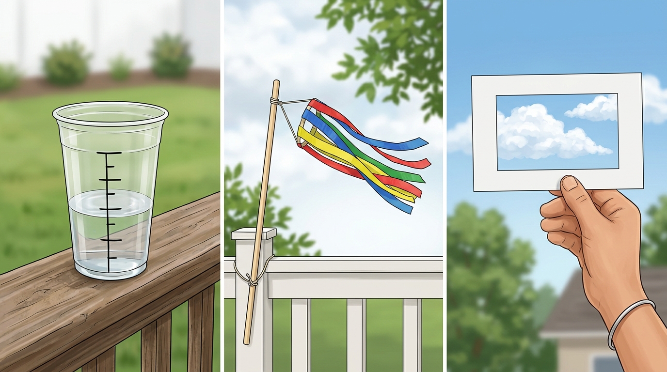 Three clear weather tool examples for kids: a cup rain gauge, ribbon windsock, and cloud viewer frame made from an index card.