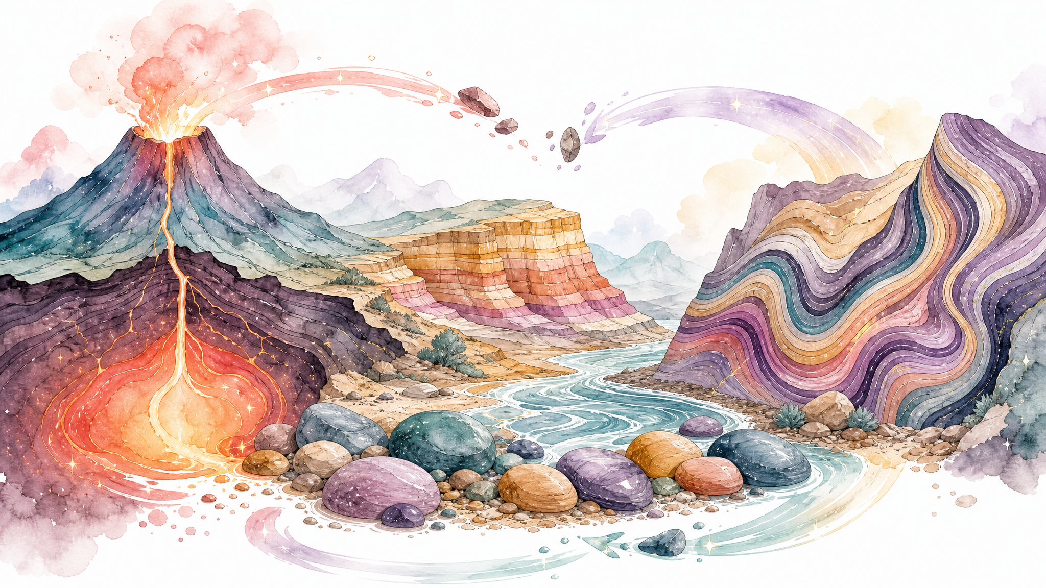 Watercolor-style rock cycle landscape with a volcano, magma chamber, river stones, layered sediment cliffs, and metamorphic bands