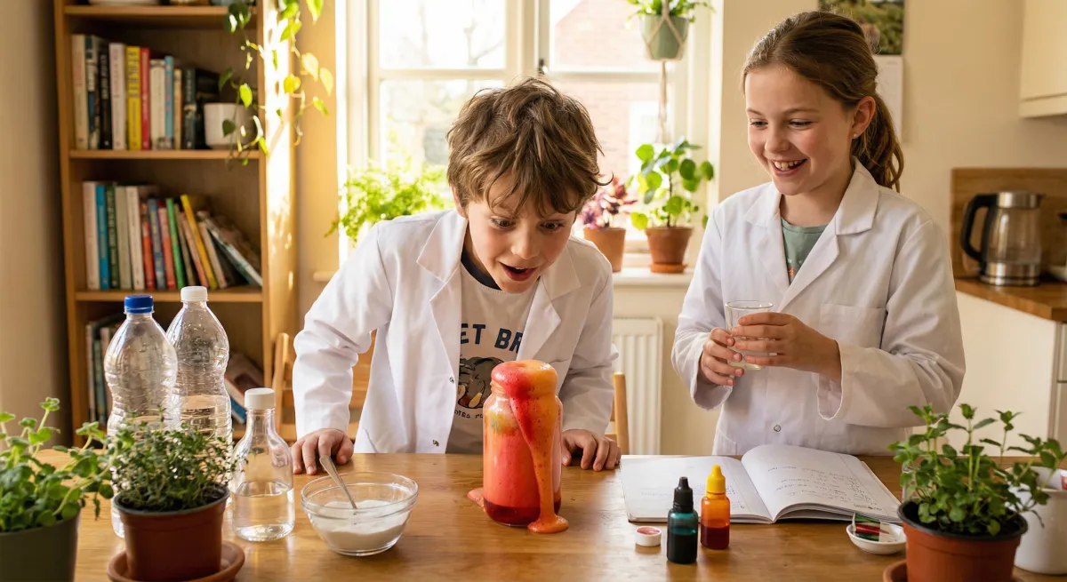 Kids doing a science experiment at home