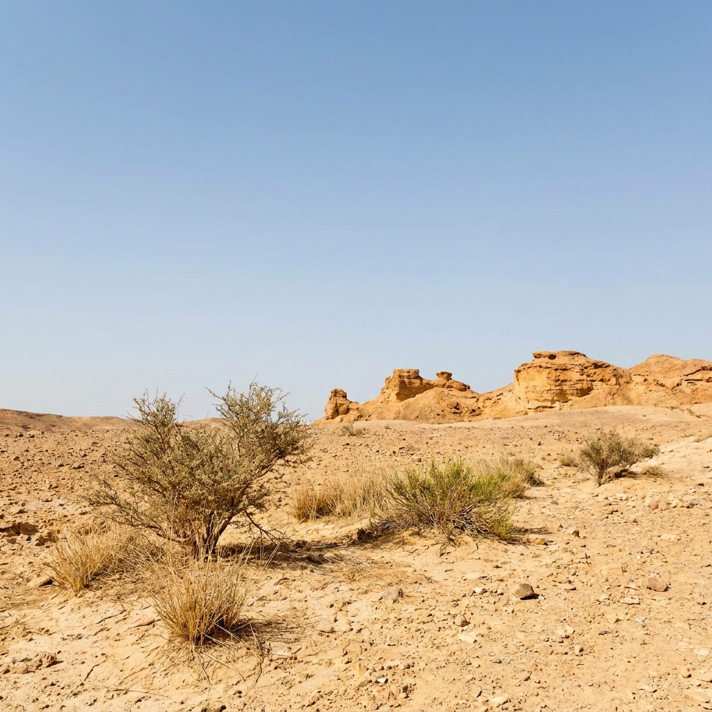 Real-life desert environment with dry ground and sparse plants.