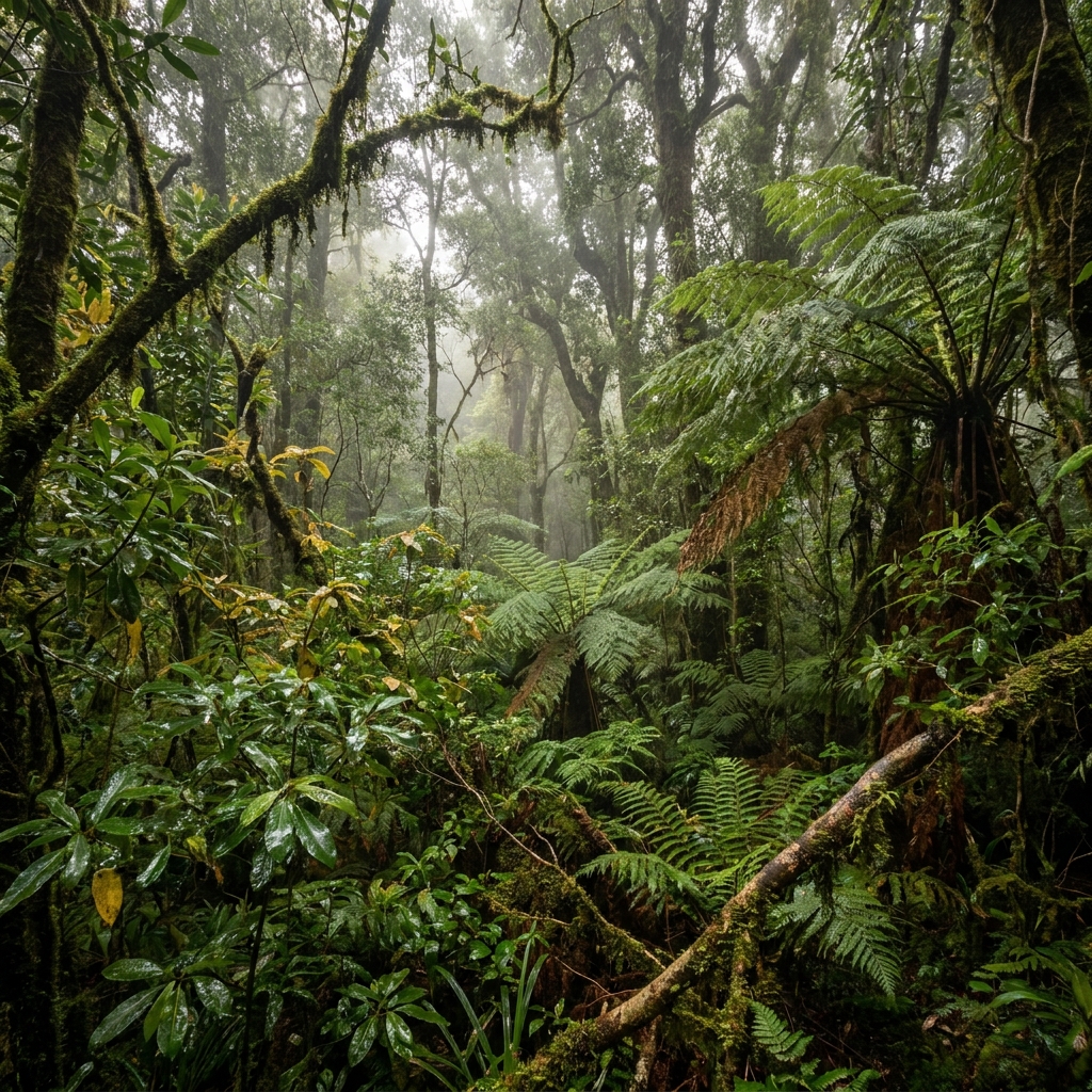 Real-life rainforest environment with dense green plants and wet leaves.