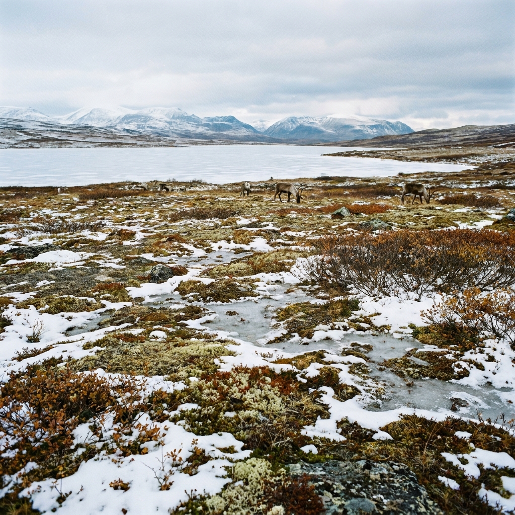 Real-life tundra environment with snow, ice, and low plants.