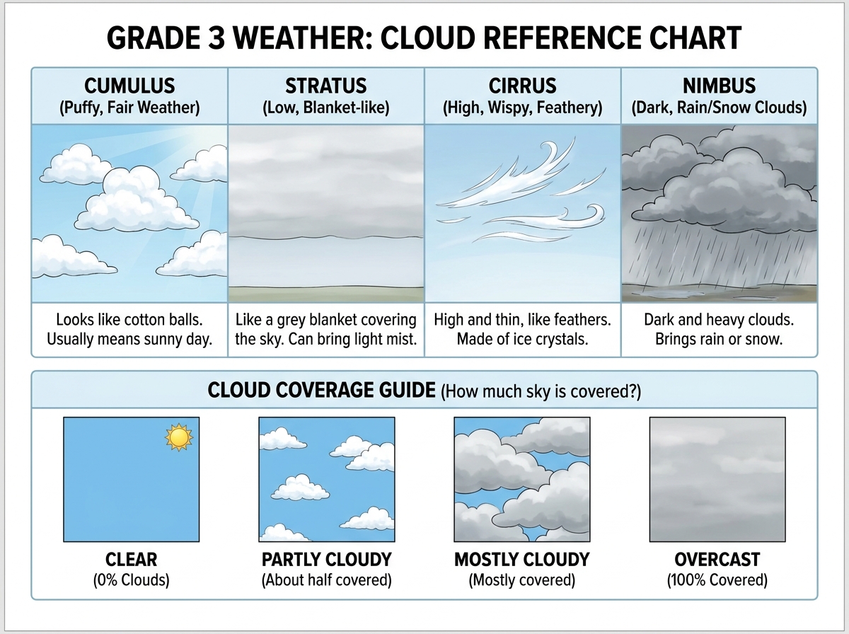 Cloud reference chart showing cumulus, stratus, cirrus, and nimbus clouds plus clear, partly cloudy, mostly cloudy, and overcast sky coverage.