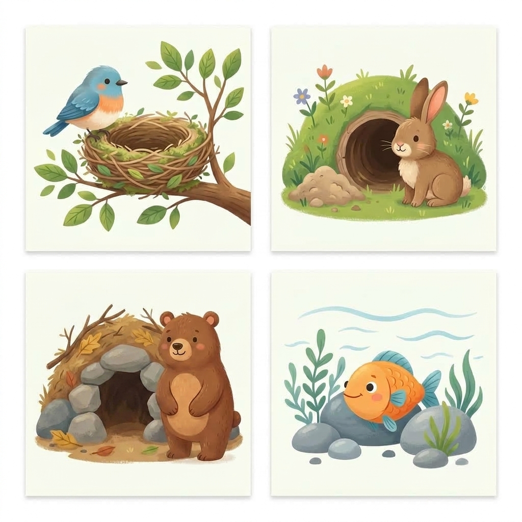 Four kid-friendly shelter illustrations showing a bird nest, rabbit burrow, bear den, and fish hiding spot.